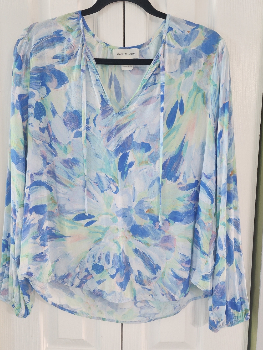 cloth & stone Pastel Blue and Mint Brushstroke Tie-Neck Blouse Size L Festival